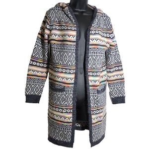 Monteau LA Intarsia S Knit Open Front Hooded Duster Cardigan Sweater Aztec Boho